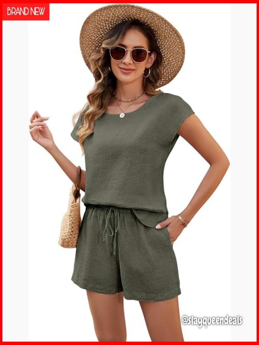 Medium Linen Lounge Set Boat Neck Top Elastic Shorts 2 Piece Outfit
